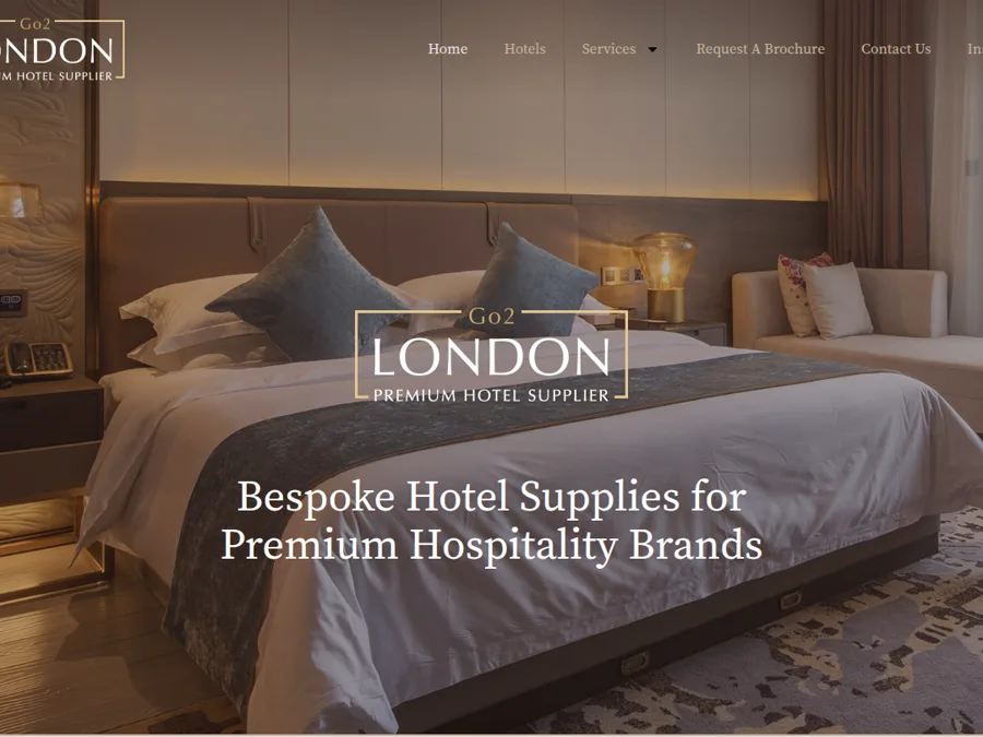 The Go2London website we built: a premium hotel bedroom behind the Go2London logo
