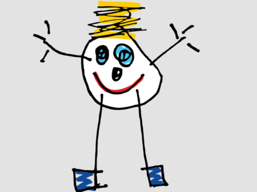 A child’s drawing of a smiling figure with yellow hair and blue boots, the nursery’s mascot