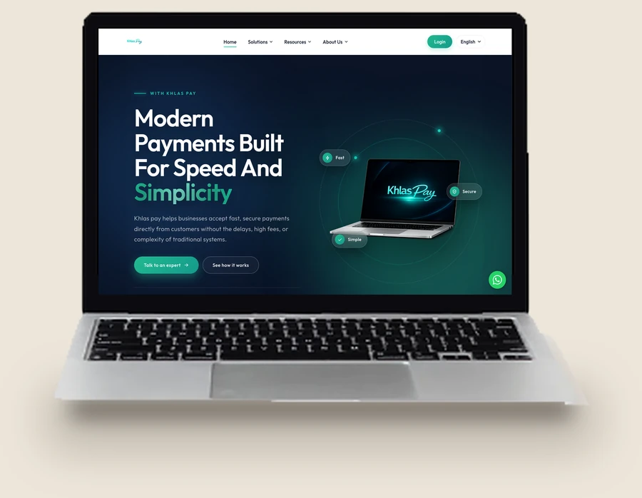 The Khlas Pay website we designed, shown on a laptop: a dark teal hero with the headline Modern Payments Built For Speed And Simplicity